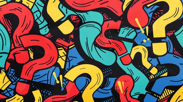 A colorful and chaotic pattern of question marks, creating a visually stimulating and abstract background.