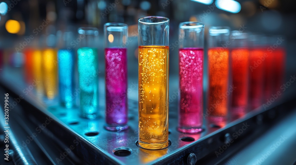 Poster test tubes filled with vibrant colored liquids are prominently displayed in a modern laboratory. thi