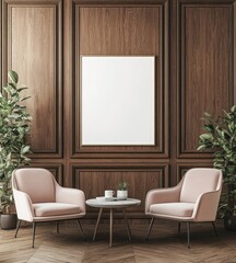 Elegant, cozy room with wooden paneling and pink armchairs.  A blank canvas poster is centered on the wall