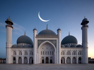 Fototapeta premium Majestic Islamic mosque silhouette with crescent moon above