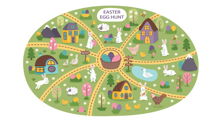 Easter egg hunt background with Easter objects - houses, bunnies, farm animals and hidden Easter eggs. Easter concept banner. Vector hand drawn illustration.