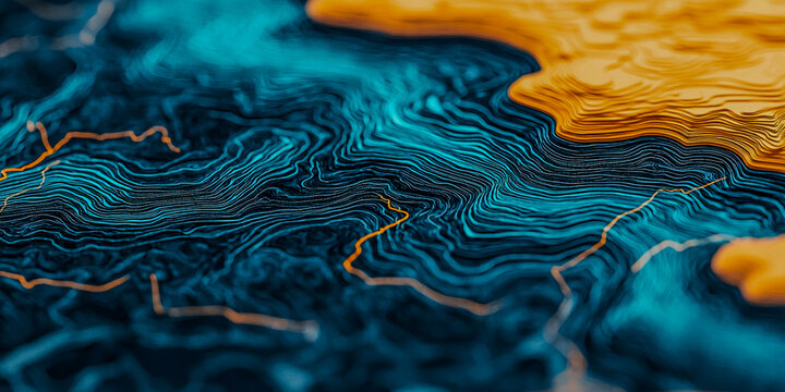 A vibrant abstract image showcasing intricate blue and orange patterns resembling terrain or topographical maps.