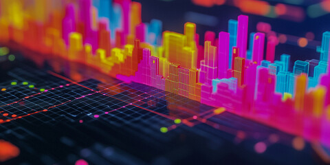 A vibrant, abstract representation of cityscapes and soundwaves, featuring bright neon colors against a dark backdrop, conveying energy and modernity.