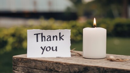 A heartfelt thank you note and a lit candle on a wooden surface, conveying gratitude and serenity.