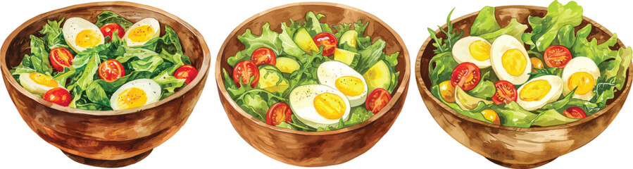 Salad Bowls Vector Illustration, Three Wooden Bowls with Salad, Isolated on White Background