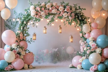 Dreamy and romantic event backdrop featuring a floral arch with pastel roses, soft glowing lanterns, and elegant balloons, perfect for weddings, baby showers, or celebrations