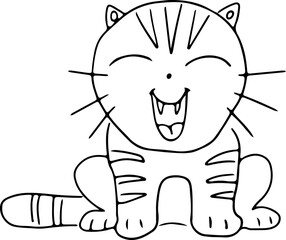 funny tabby cat with big head laughs and sits