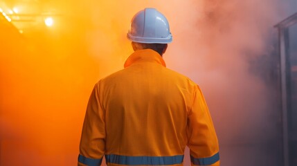 Fototapeta premium Safety First - Worker Evacuating High-Risk Smoke Zone Past Hazard Warning Sign in Factory
