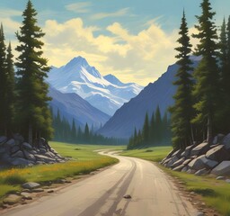 Illustration of road in wild and scenic landscape.