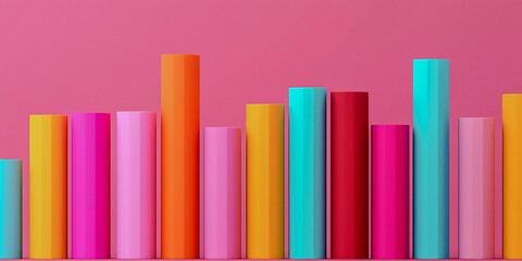 A vibrant arrangement of colorful cylindrical shapes against a pink background, showcasing a playful and modern aesthetic.