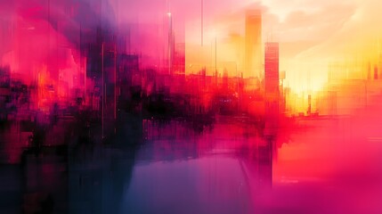 Naklejka premium Vibrant city skyline with abstract glitch art blending colors and shapes in a surreal sunset atmosphere