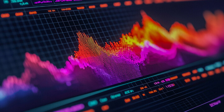 A vibrant, colorful visualization of sound waves or data, showcasing dynamic patterns in shades of pink, purple, and orange against a dark background.