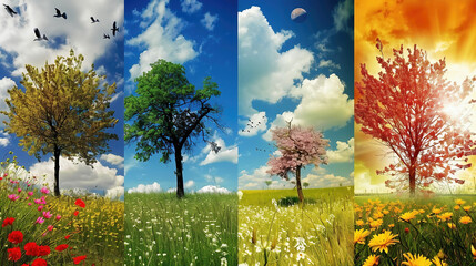 Four seasons in nature. Collage of four pictures representing each season: spring, summer, autumn and winter, natur