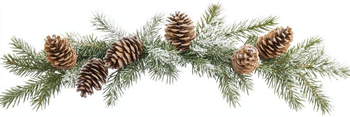 Naklejka premium Snowy Pinecone and Evergreen Branch Garland Isolated on White Background for Christmas and Winter Holiday Decor.