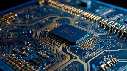 Obraz premium close up of a circuit board, Circuit board, microchip, electronic components, blue glow, macro photography, intricate details, technology, futuristic, cyberpunk aesthetic, high-tech, computer hardware