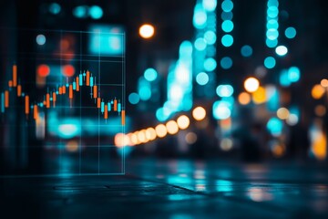 Urban Night Scene with Stock Market Chart Overlay in Neon Lights