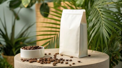 Premium Coffee Beans in Eco-Friendly Packaging on a Rustic Table with Greenery
