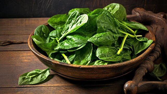 Bowl of fresh spinach leaves on a wooden table