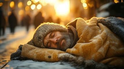 Homeless man sleeps on snowy street at sunset
