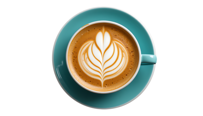 Exquisite Latte Art in Turquoise Ceramic Cup - Perfectly Crafted Coffee with Intricate Leaf Pattern Foam Design. Luxurious Cappuccino Served in Elegant Teal Porcelain Saucer Against White Background.