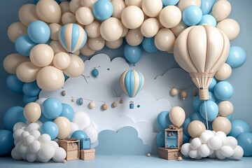 Whimsical hot air balloon-themed event backdrop featuring soft blue and beige balloon arches, floating clouds, and gift boxes, creating a dreamy and elegant celebration setup.