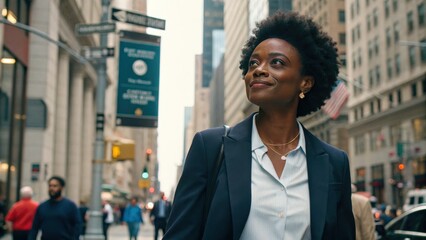 Confident Young Professional Woman Walking in Urban Cityscape, Business Fashion