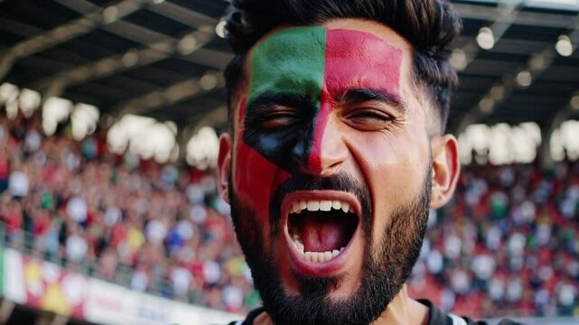 Smiling Libyan man with face painted in Libya national colors at a sports stadium, passionate football supporter  
