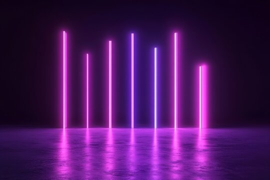 Vibrant Neon Light Columns in Dark Space with Reflection Effects