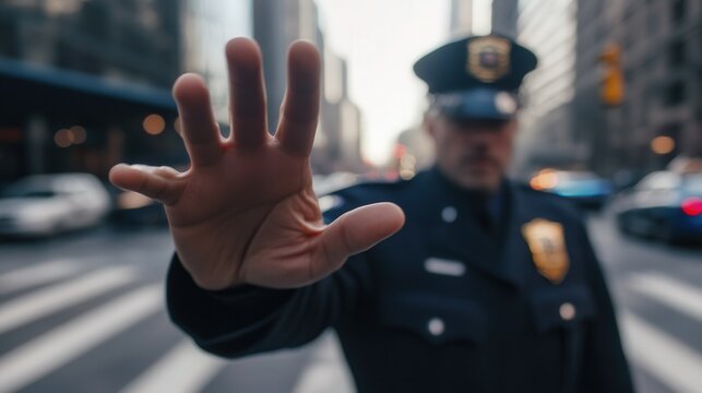 A uniformed police officer stands in the middle of a busy city street, extending his hand in a firm stop gesture to control traffic, with blurred urban buildings and vehicles in the background