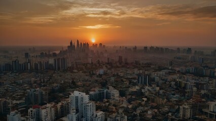 cityscape with sunset in the background
