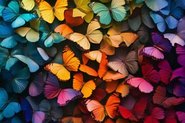 Colors of rainbow. Pattern of multicolored butterflies morpho, texture background.