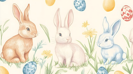 Fototapeta premium Pastel-colored hand-drawn Easter bunnies, perfect for holiday decorations.
