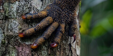 Close up of a Sulawesi Bear Cuscuss paws gripping a tree bark using macro photography in a tropical forest setting showcasing the texture and details