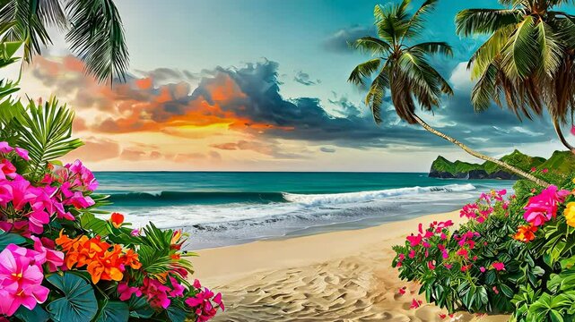 Tropical sunset painting pink and orange blossoms near sandy beach, palm silhouettes on evening sky.