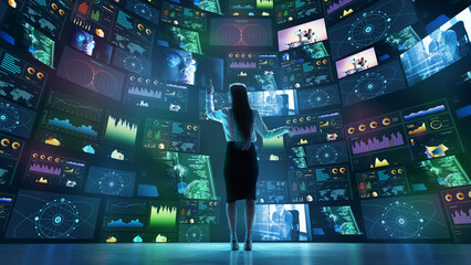 Woman interacting with curved digital screens displaying data analytics, global connections, cybersecurity metrics. Concept of big data analysis, artificial intelligence. Collage with 4 models