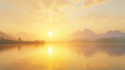 Golden Hour Serenity Misty Lake Landscape with Sun, Mountains, and Calm Water Reflections