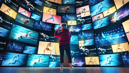 Elderly woman looking at multiple screens displaying generated sports visuals on futuristic digital...