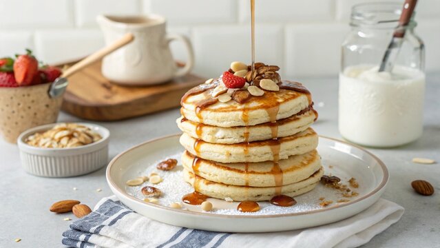A stack of appetizing banana pancakes drizzled with syrup and topped with nuts and strawberries. Perfect for breakfast, brunch, or dessert food photography.
