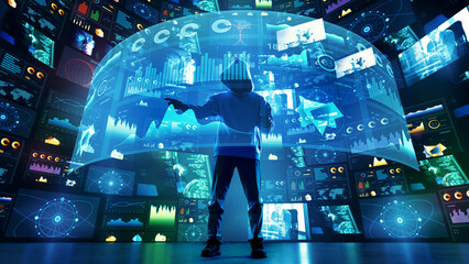 Obraz premium Hacker in hoodie interacting with futuristic holographic data interface surrounded by cybersecurity analytics. Concept of cyber intelligence, digital technology, global data. Collage with 4 models