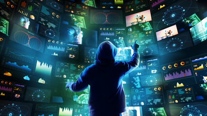 Cyber hacker controlling interactive data streams on massive curved digital screens. Concept of hacking intelligence, cyber surveillance, global cybersecurity, innovation. Collage with 4 models