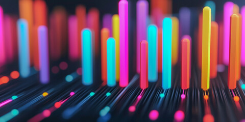 A vibrant, digital representation of colorful vertical bars on a dark background, resembling sound waves or data visualizations.