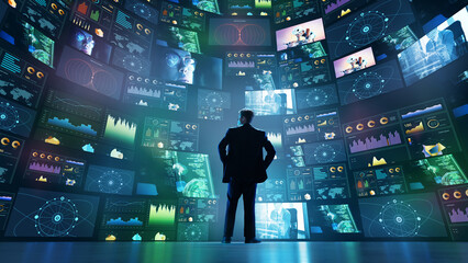 Businessman analyzing real-time financial and technological data on immersive screen wall....