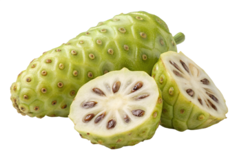 Whole and sliced noni fruit isolated on transparent background