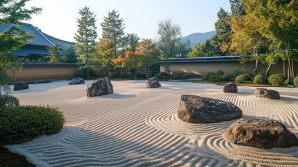 Obraz premium Serene Zen Garden at Ryoan-ji Temple, Kyoto Raked Sand, Rocks, and Tranquility.