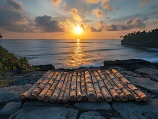 Plakat Bamboo Mat at Tranquil Ocean Sunrise with Scenic Coastal View