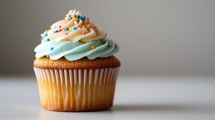 Delicious cupcake with pastel frosting and sprinkles