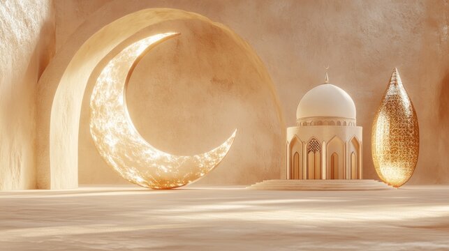 Beige minimalist scene with a crescent moon and mosque