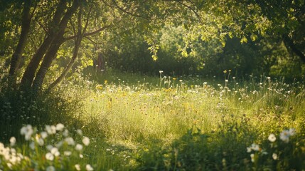 Enchanted Meadow Sunlit Wildflowers and Trees in Summer, Serene Nature Scene.