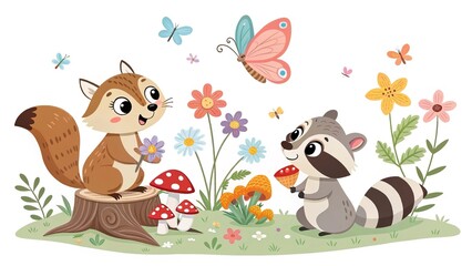 Naklejka premium Playful squirrel with mushrooms and flowers, cartoon clipart. isolated on white background 