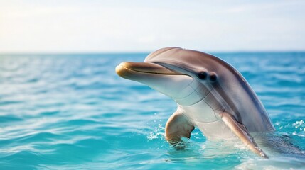 Obraz premium Dolphin playfully rises from ocean, sunlight gleaming on its sleek skin